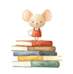Cute Mouse Reading on Stack of Books