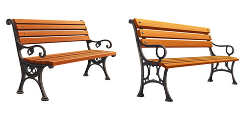 Classic wooden park benches with iron legs isolated on transparent PNG image perfect for public space design or garden planning content