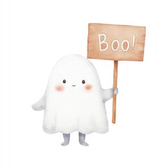 Cute Cartoon Ghost Holding Boo Sign