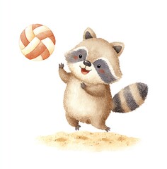 Playful Raccoon Playing with Volleyball on the Beach