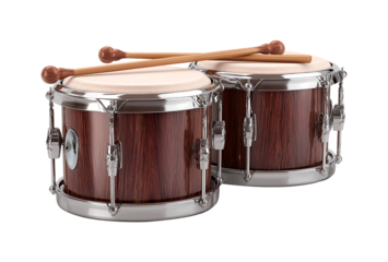 two bongos with drumsticks, drums with dark wood grain and silver metal accents isolated on a transparent background
