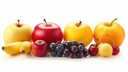 Fresh Fruits Including Apples, Bananas, Grapes, Oranges, and Cherries Displayed on a White Background for Healthy Living Concepts
