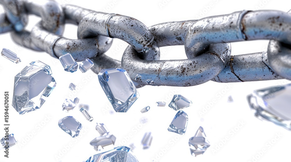 Poster broken metallic chain with scattered crystal shards symbolizing freedom and transformation in a dram