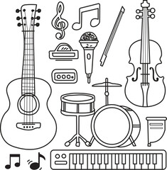 Collection of Delicately Drawn Musical Instrument Outlines Collection of musical instruments in a simple outline style on a white background