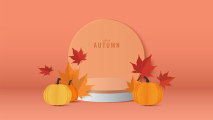 Autumn background. Autumn sale podium with red, yellow maple leaves. Stand product showcase for promotion, product sale. Vector illustration