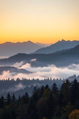 Obraz premium Breathtaking scenic nature landscape with a vibrant sun setting behind layered mountain silhouettes and foggy pine tree forests.