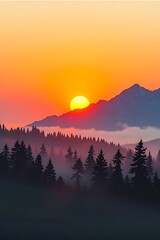 Obraz premium Scenic nature landscape illustration of a golden sunset over foggy mountain ranges and a tranquil evergreen forest.