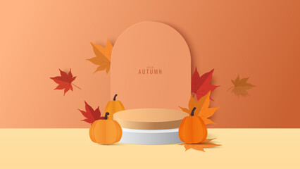 Autumn background. Autumn sale podium with red, yellow maple leaves. Stand product showcase for promotion, product sale. Vector illustration