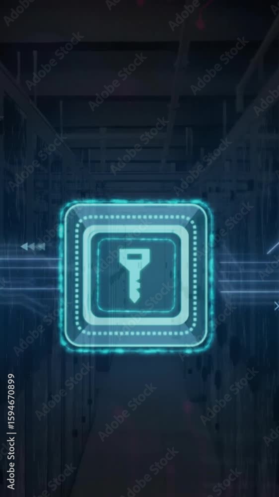 Poster Animation of key icon over computer circuit board and data processing