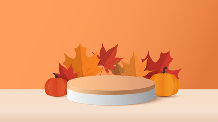 Autumn banner background. Autumn sale podium for product display presentation with red, yellow maple leaves and ornament on the stage. Stand product showcase for promotion, product sale