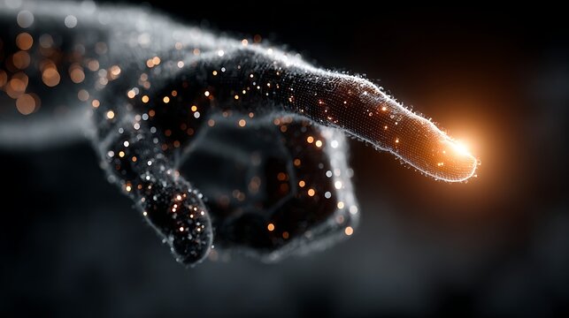 Abstract image of a ghostly hand with glowing particles, the index finger pointing and illuminated, creating a futuristic or technological concept.