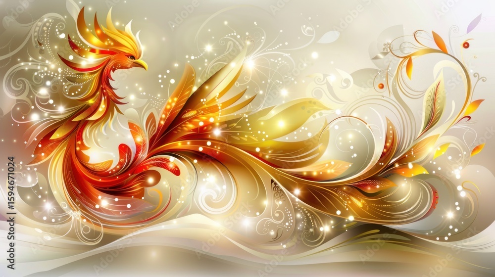 Aufkleber abstract art of a mythical bird with flowing feathers in red and gold tones against a soft cream bac