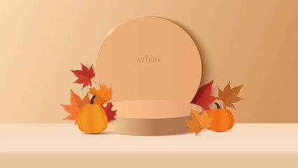 Autumn banner background. Autumn sale podium for product display presentation with red, yellow maple leaves and ornament on the stage. Stand product showcase for promotion, product sale