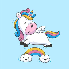 A cute unicorn jumping over a rainbow