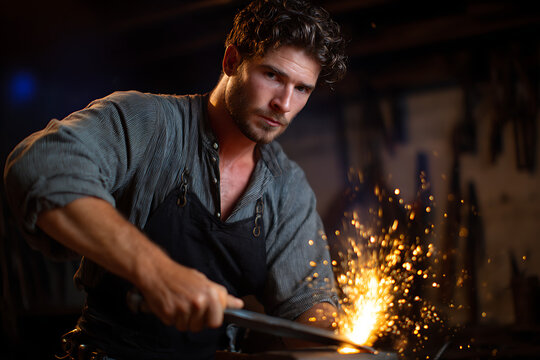 Focused Blacksmith Working at Forge with Sparks