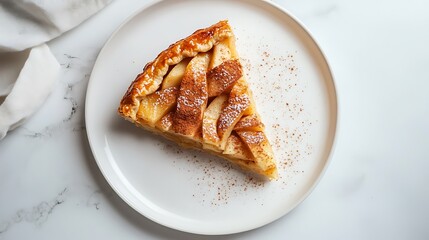 A slice of apple pie with a golden crust, dusted with cinnamon, served on a white plate.