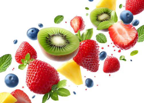 Fruit and strawberries flying in the air, with kiwi slices, blueberries, strawberries, mint leaves, and pineapple isolated on a transparent background