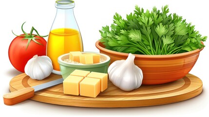 Ingredients on Wooden Board with Tomatoes, Garlic, Cheese, Herbs, and Oil for Cooking and Culinary Preparation