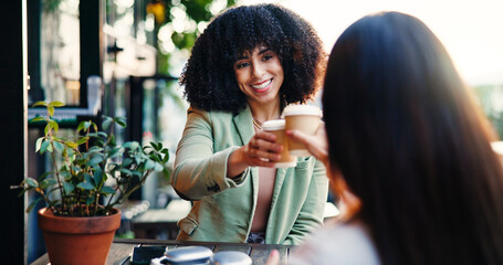 Friends, cheers and women with coffee, cafe or happy for reunion on weekend, outdoor or...