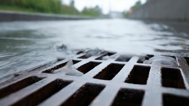 Rainwater flowing into street drain highlighting urban water drainage system
