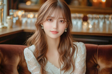 ウェーブヘアとイヤリングが美しいガールズバーで働く若い女性。キャバクラ嬢。ホステス 