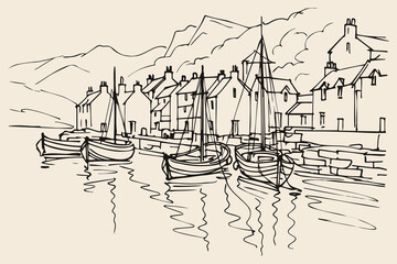 Harbor with boats and houses, loose ink sketch vector illustration © Victoria