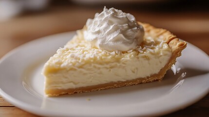 Slice of creamy coconut pie topped with whipped cream on a white plate