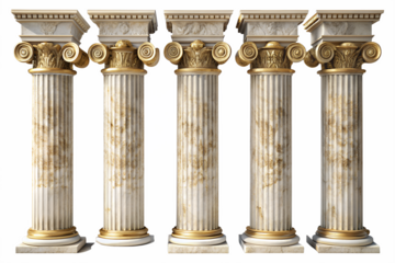 Five intricately designed ancient greek columns isolated on transparent background, showcasing classical architecture