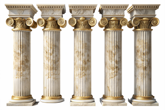 Five intricately designed ancient greek columns isolated on transparent background, showcasing classical architecture - Powered by Adobe