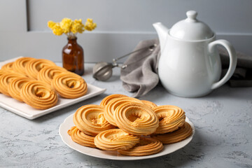 Sweet and tasty round butter cookies. Round ring shaped German spritz biscuits