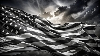 Monochrome American Flag Waving with Dramatic Clouds in the Background