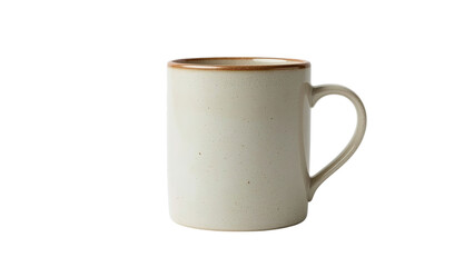 A rustic ceramic mug with a speckled white finish and a warm brown rim, perfect for cozy drinks.