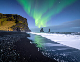 Aurora borealis shines over black sand beach and basalt sea stacks in Iceland, with waves crashing on the shore.