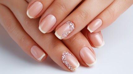 French Manicure Elegance | Pink & White Nail Art with Rhinestones for Beauty, Bridal & Salon Use