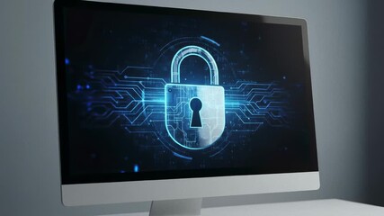 Digital padlock on computer monitor, displaying data protection and cybersecurity concept for network security and online privacy footage. - Powered by Adobe