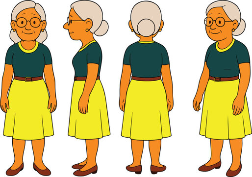 Grandmother Character Turnaround, Woman Character Front, Side & Back Views, character modelsheet