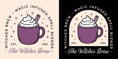 Witches brew witchy hot chocolate coffee latte cinnamon drink witch shop logo label sticker. Magic whimsical purple aesthetic potion spell blend mug cozy Halloween fall winter season poster design.