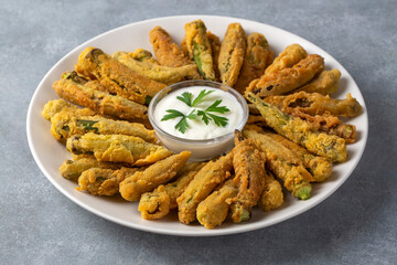 Fried Okra Tempura with Yogurt - Yoghurt Sauce. Healthy Snacks.