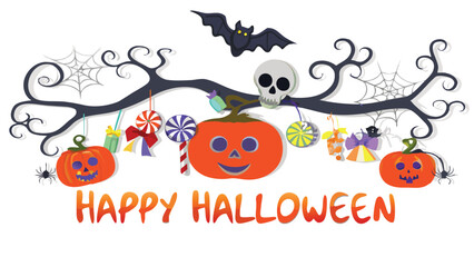 A halloween themed image showing pumpkins, a bat, skull, candies, and spider webs on a tree branch