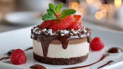 Delicious cake topped with strawberries, chocolate, and mint on a white plate. It's perfect for blog posts or ads promoting desserts, bakery, or sweet treats.