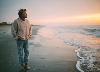 Mature man enjoying relaxing walk on beach at sunset