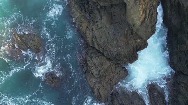 Flat aerial view of cliffs of Seixo Branco in Galicia 4k drone