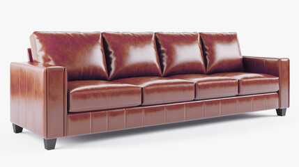 Extremely Long Brown Leather Sofa Isolated on White Background – 3D Rendering of Luxurious Modern Seating for Interior Design and Product Display.