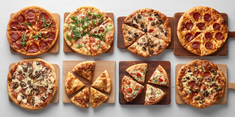 assorted Italian pizzas on rustic wooden boards, top-down view, displayed as a full set on a clean white studio background