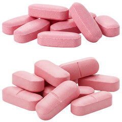 Pink vitamin tablets arranged on transparent background  