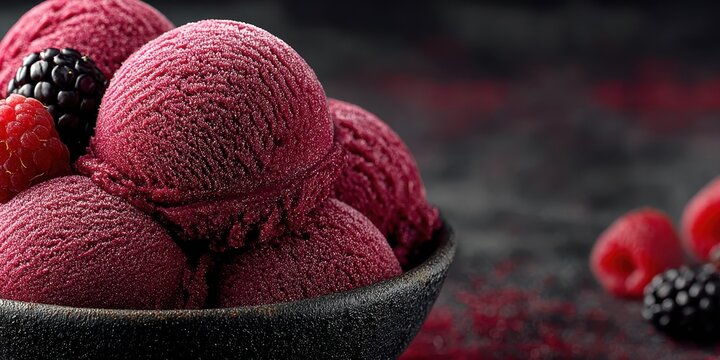 Delicious raspberry sorbet served in a black bowl with fresh berries on a textured background