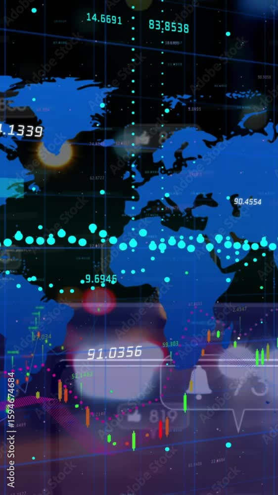 Poster animation of statistic charts and data processing over continents on pink background