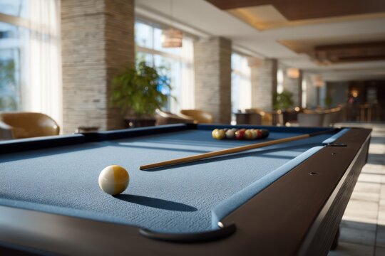 Floating billiard lounge in navy and soft gold with volumetric lighting above table sharp shadows cast by cues and