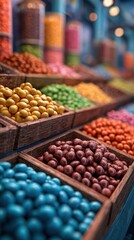 Colorful display of assorted candies at a market stall in a vibrant setting