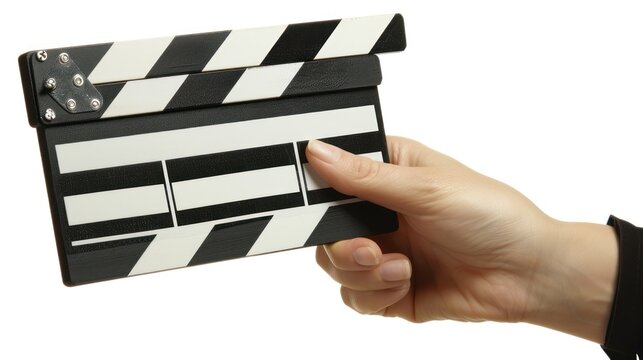 Hand Holding a Movie Clapperboard with Black and White Stripes for Filmmaking and Video Production on White Background